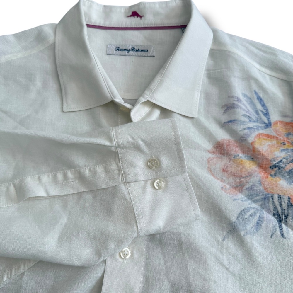 Tommy Bahama Men's 1XLB/11GG White‎ Linen Floral Print Long Sleeve Shirt